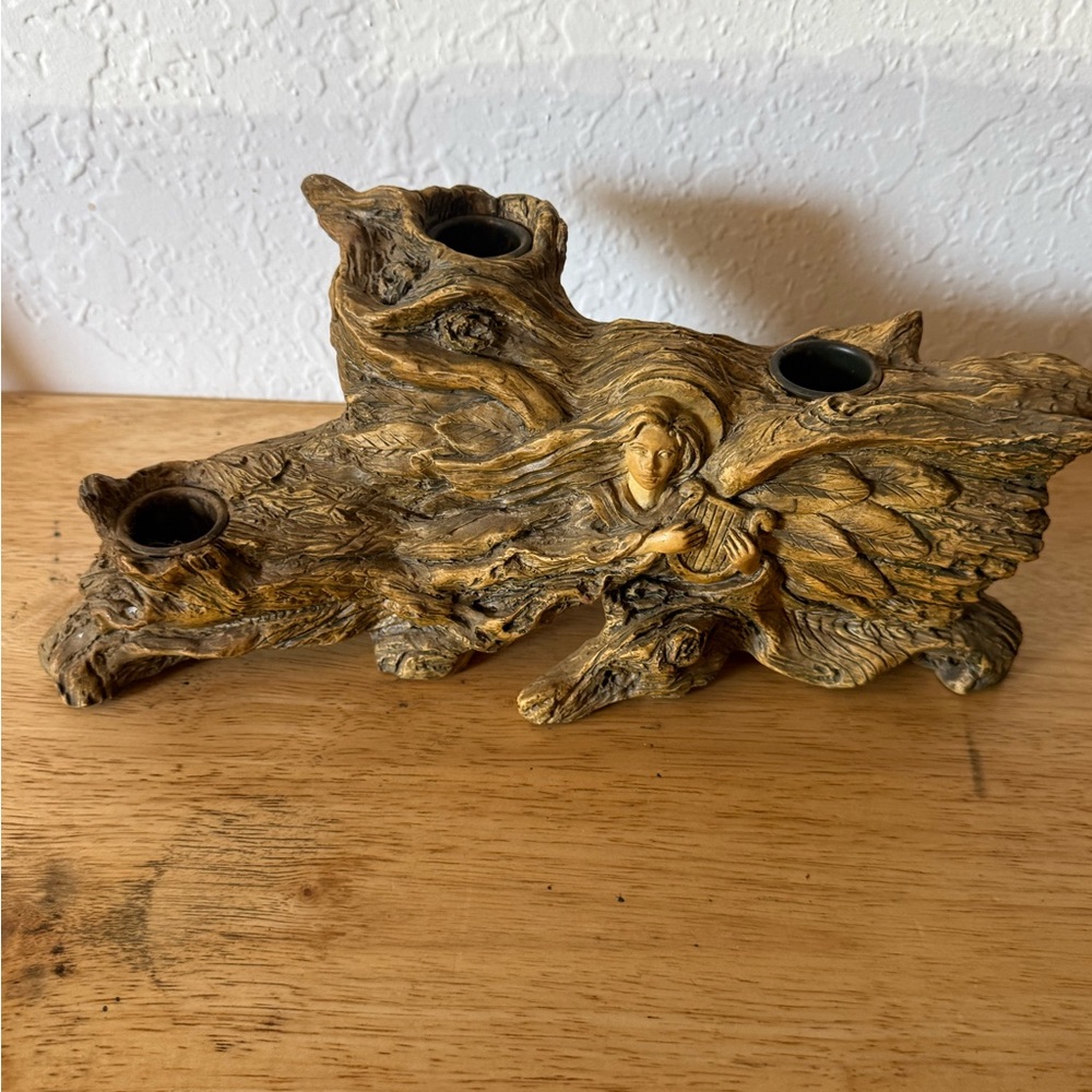 Vintage Angel Playing Harp Wood Resin Candlestick Holder